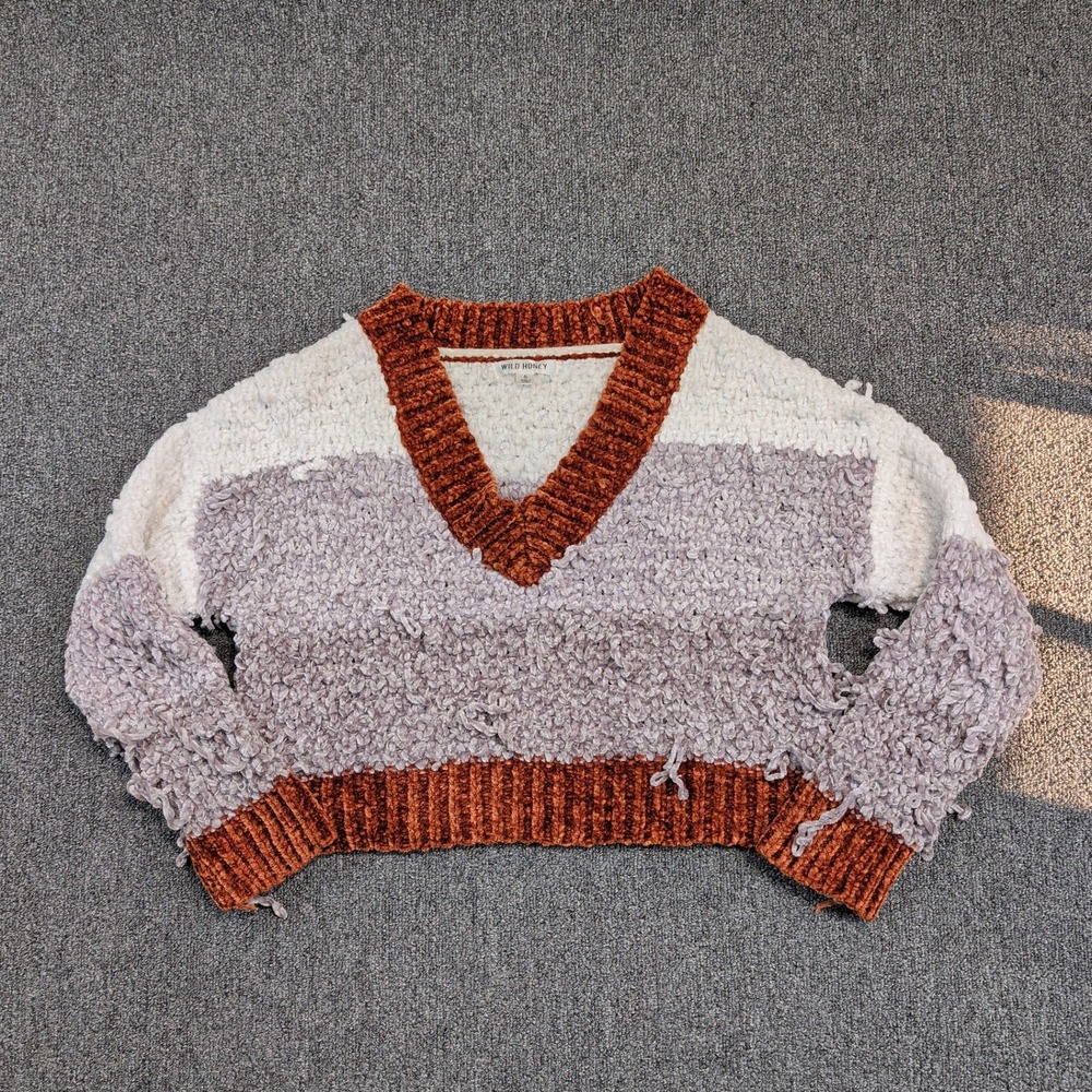 Wild Honey Y2K Popcorn Knit Sweater S Lavender Rust White Colorblock V-Neck Boho